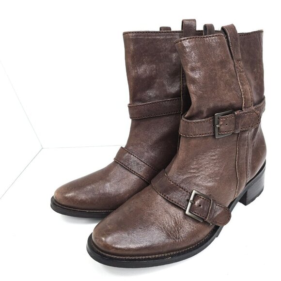 Cole Haan Women Hemlock Boot Brown Leather Moto Buckle Strap Biker Bootie - Picture 3 of 10